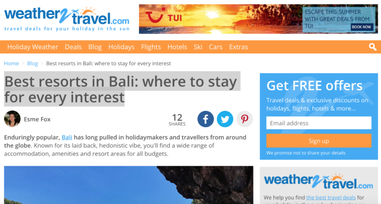 An article on Bali by Esme Fox for Weather2Travel